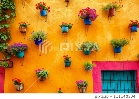 Typical architecture of Mexican colonial colorful houses in historic city center 111140534
