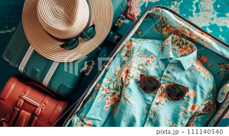 Going on beach vacation and making holiday plans, packing and purchasing tickets for dream vacation 111140540