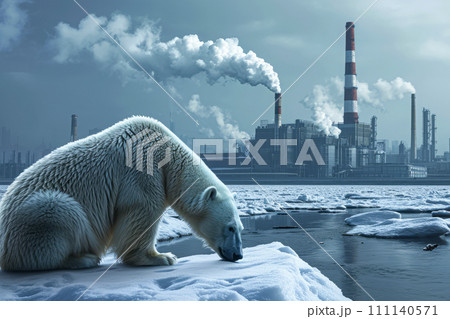 Climate change, global warming and environmental pollution. Polar bear animal extinction 111140571