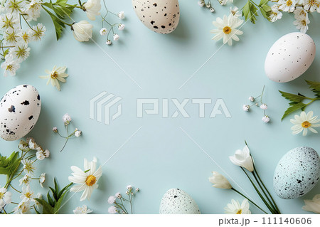 Easter eggs background with spring flowers and pastel blue background. Copy space. Ai generative Easter eggs background with spring flowers and pastel blue background. Copy space. Ai generative 111140606