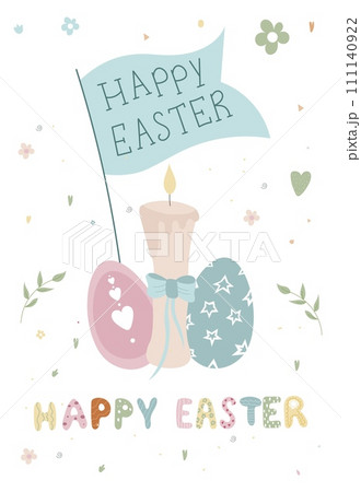 Happy Easter postcards. Vector Easter illustrations. Easter eggs, candle, little flag. Perfect for a poster, cover, or postcard. Happy Easter postcards. Vector Easter illustrations. Easter eggs, candle, little flag. Perfect for a poster, cover, or postcard. 111140922
