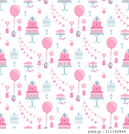 Seamless festive pattern with cake, balls, birds, triangle flags and decorative elements. Seamless festive pattern with cake, balls, birds, triangle flags and decorative elements. 111140944