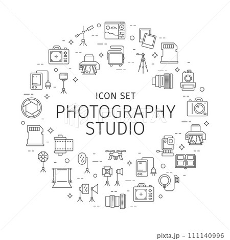 Photo and Photography Studio Round Design Template Thin Line Icon Banner for Promotion, Marketing and Advertisin. Vector illustration of Icons 111140996