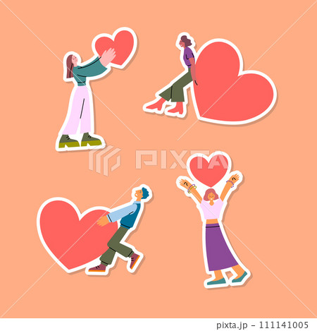 Cartoon Color Characters People Share Love Charity Sticker Support and Kindness Concept Flat Design Style. Vector illustration of Person Giving Heart 111141005