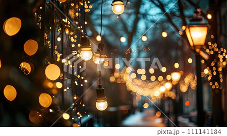 Winter Wonderland: Charming Townscape Aglow with Festive Christmas Lights 111141184