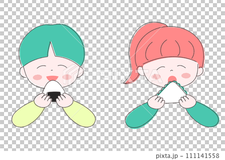 A boy eating a rice ball and a girl eating a sandwich 111141558