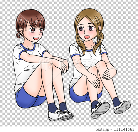 Two high school girls in gym uniforms are sitting and talking happily Two high school girls in gym uniforms are sitting and talking happily 111141563