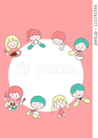 笑顔で食べ物を食べる子どもたちのフレーム 111141566