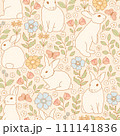 Cute endless pattern in pastel colors with bunnies and flowers 111141836