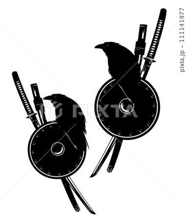 samurai katana sword and shield with black raven bird vector design set 111141977