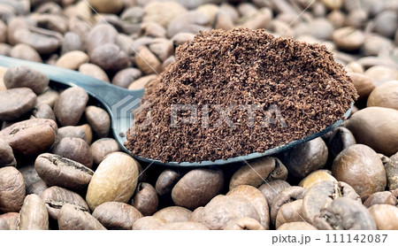 Against the background of roasted aromatic coffee beans lies a metal spoon filled with ground coffee. A drink made from roasted and ground beans from the coffee tree or coffee bush Against the background of roasted aromatic coffee beans lies a metal spoon filled with ground coffee. A drink made from roasted and ground beans from the coffee tree or coffee bush 111142087