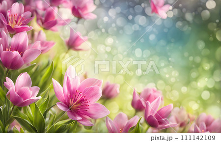 Sunny spring field: Vibrant flowers under the sun 111142109