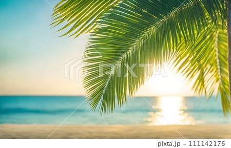 Serene summer beach scene with palm leaves, sand, and sea Serene summer beach scene with palm leaves, sand, and sea 111142176