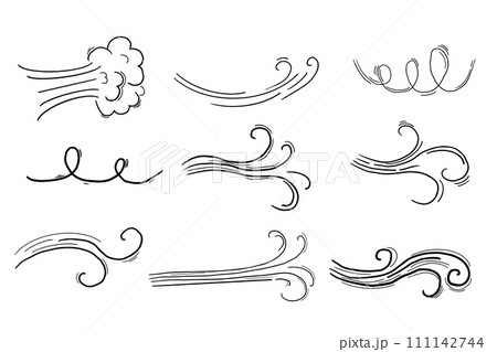 Wind motion doodle line swirl hand drawn steam weather blow isolated on white background. Atmosphere action element. Wind motion doodle line swirl hand drawn steam weather blow isolated on white background. Atmosphere action element. 111142744