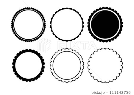 Scalloped round badge or emblem, simple frame decoration icolated on white background. Stamp, wavy clip art 111142756
