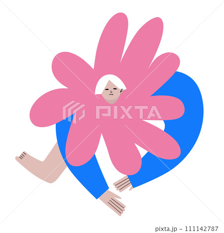 Modern artwork. Woman looking out of flower. Cute character against white background. Cartoon style. Hand drawn Vector illustration. Modern artwork. Woman looking out of flower. Cute character against white background. Cartoon style. Hand drawn Vector illustration. 111142787