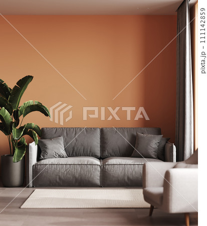 Stylish  living room interior with gray sofa mock up, modern interior background, empty peach fuzz wall mockup, 3d illustration 111142859