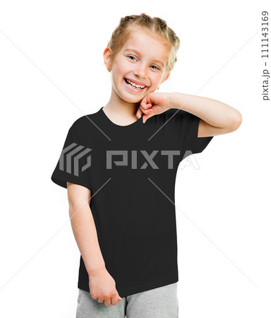 Cute little girl on black t-shirt isolated on a white background, for ypur disign 111143169