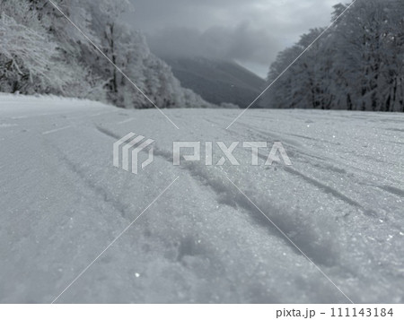 2024年1月の福島県のネコママウンテンの南エリアの雪面のアップ 111143184