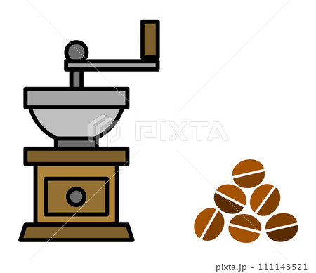 嗜好品の珈琲豆を挽いて粉にするコーヒーミルのイラスト 111143521