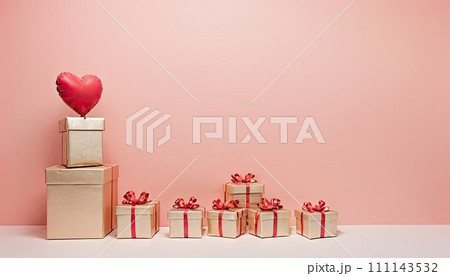 AI-generated content. Pink hearts and stars on peach backdrop with wrapped present boxes. Valentine Day and Women's Day celebrations, birthday party invitations. Copy space for text 111143532