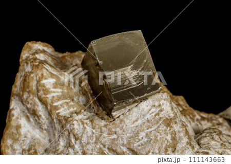 Macro stone Pyrite mineral in rock on a black background 111143663