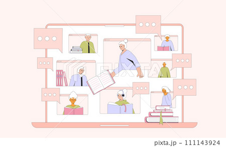 Senior book club online. Elderly people reading together and communication remote. Retirement community helps for lifestyle dealing with loneliness and boredom.Vector illustration 111143924