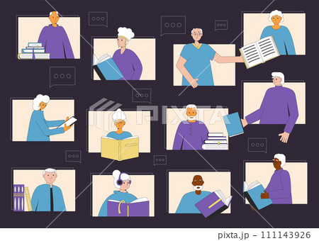 Senior book club online. Elderly people reading together and communication remote at night. Adult men and women have a discussion about literature. 111143926