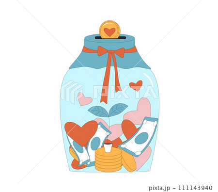 Glass jar money with coins, banknotes, heart symbols isolated on white background. 111143940