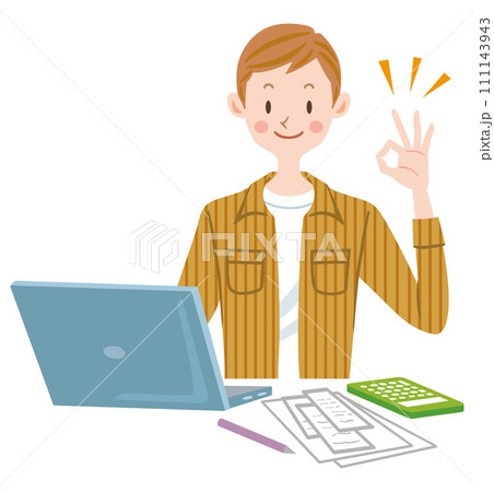 パソコンを操作する若い男性 帳簿をつけるフリーランス 確定申告を申請する個人事業主 パソコンを操作する若い男性 帳簿をつけるフリーランス 確定申告を申請する個人事業主 111143943