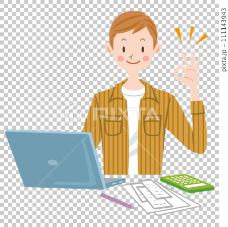 パソコンを操作する若い男性 帳簿をつけるフリーランス 確定申告を申請する個人事業主 パソコンを操作する若い男性 帳簿をつけるフリーランス 確定申告を申請する個人事業主 111143943