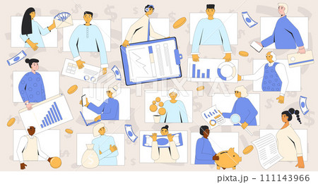 Financial literacy course online. Save money education. People group with moneyboxes, capital elements and analysis symbol. Budgeting life learning. Vector illustration. Financial literacy course online. Save money education. People group with moneyboxes, capital elements and analysis symbol. Budgeting life learning. Vector illustration. 111143966