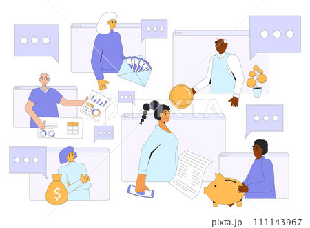 Investors club online. Financial literacy. Save money. People community with moneyboxes, capital elements and analysis symbol. Budgeting life. Vector illustration. Investors club online. Financial literacy. Save money. People community with moneyboxes, capital elements and analysis symbol. Budgeting life. Vector illustration. 111143967