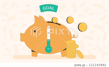 Fundraising concept. Thermometer and piggybank. Business investment. Crowdfunding event symbol 111143992