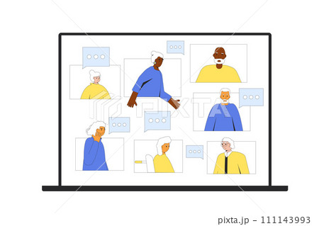 Old friends keep in touch in retirement. Elderly people communication. Senior aged men and women talking online. 111143993