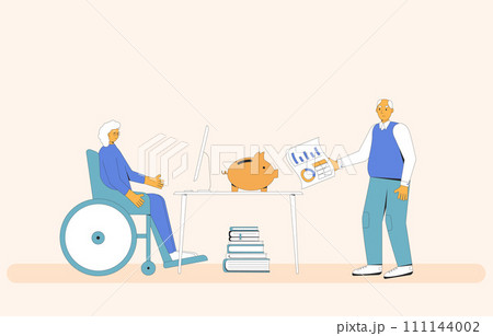Budgeting for senior. Woman in wheelchair and man talking about finance. Elderly people with money and analyze retirement savings. Vector illustration Budgeting for senior. Woman in wheelchair and man talking about finance. Elderly people with money and analyze retirement savings. Vector illustration 111144002