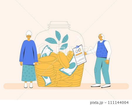 Senior couple with money. Retirement savings. Finance for elderly people. Pension plan. Moneybox for family. Older adult with investment. Financial literacy for senior. Vector flat illustration 111144004