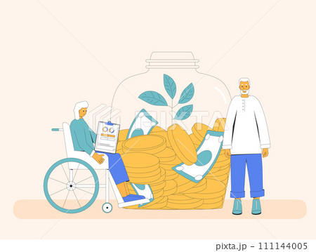 Elderly man and woman in wheelchair checking their finance. Senior couple with money. Retirement savings. Pension plan. Older adult with investment. Vector flat illustration 111144005