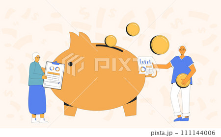 Pension preparation plan. Senior couple with money. Retirement savings. Finance for elderly people. Moneybox for family. Older adult with investment. Financial literacy for senior. Vector illustration Pension preparation plan. Senior couple with money. Retirement savings. Finance for elderly people. Moneybox for family. Older adult with investment. Financial literacy for senior. Vector illustration 111144006
