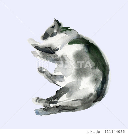 Abstract cat sketch, animal print stains, beautiful shapes, pastel color palette. Watercolor illustration of sleeping, lying pet Abstract cat sketch, animal print stains, beautiful shapes, pastel color palette. Watercolor illustration of sleeping, lying pet 111144026