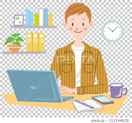 在宅勤務をする男性 パソコンで仕事する男性のイラスト リモートワークする会社員 在宅勤務をする男性 パソコンで仕事する男性のイラスト リモートワークする会社員 111144028