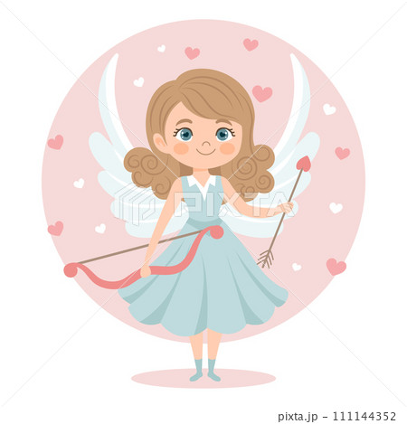 Cute girl cupid character with bow and arrow, angel girl. Valentine's Day card, pastel colors. Vector illustration in flat cartoon style 111144352