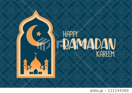 Ramadan Kareem poster with mosque and moon in the window. Islamic greeting card, holiday cover, banner template. Vector 111144360