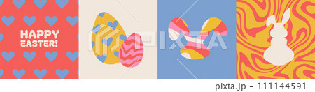 Easter groovy greeting cards set. Spring backgrounds with egg and bunny silhouettes. Simple flat vector illustration. 111144591