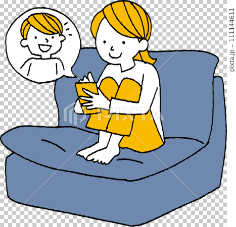 A girl happily using a smartphone on the sofa A girl happily using a smartphone on the sofa 111144611