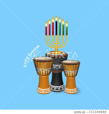 Capture the vibrant energy of a Kuumba celebration with drumming and dance, showcasing creativity and the arts as part of the Kwanzaa festivities in vector style 111144698