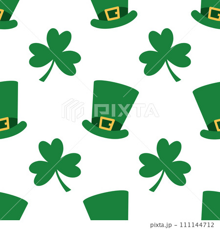 Saint Patrick's Day cute seamless pattern. An endless background with green cylinder hats and three leaf shamrock. Saint Patrick's Day cute seamless pattern. An endless background with green cylinder hats and three leaf shamrock. 111144712