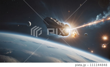 Large rock or asteroid passes through the atmosphere of planet Earth and pieces hit the Earth's surface - ai generated Large rock or asteroid passes through the atmosphere of planet Earth and pieces hit the Earth's surface - ai generated 111144848