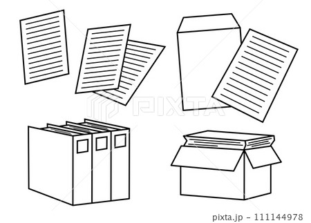 封筒と書類とファイル、ダンボールに入った書類の線画のアイコンイラスト 111144978