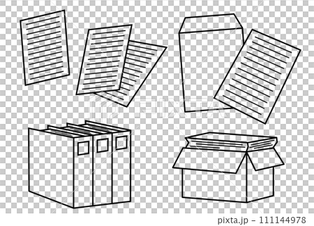 封筒と書類とファイル、ダンボールに入った書類の線画のアイコンイラスト 111144978